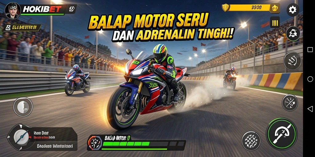 Tampilan antarmuka HOKIBET dengan berbagai motor dan trek balap.